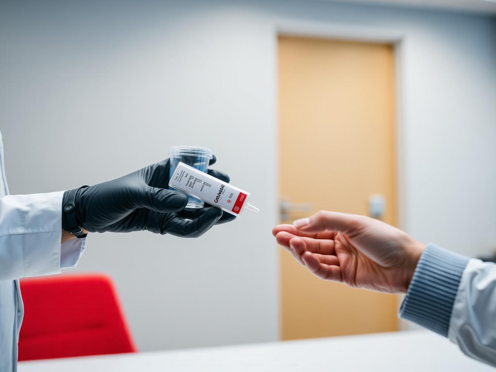 A collection specialist handing a sealed specimen cup to a client